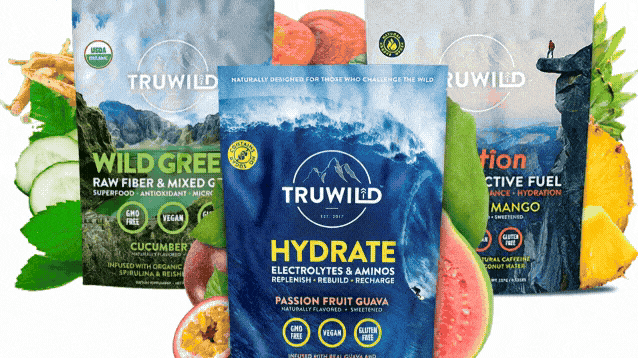 Three clean-labeled pouches: Hydrate, Wild Greens, Motion